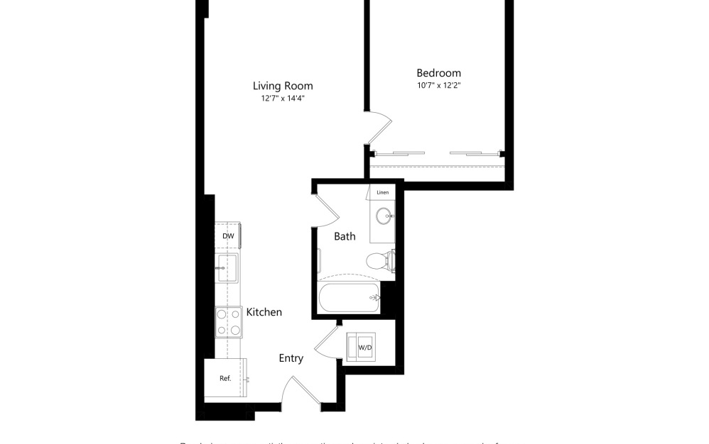 Reverie 1 - 1 bedroom floorplan layout with 1 bathroom and 651 square feet