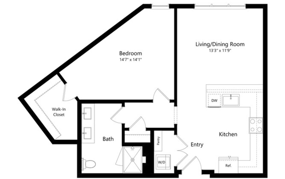1D_B - 1 bedroom floorplan layout with 1 bathroom and 818 - 820 square feet 1D_B - 1 bedroom floorplan layout with 1 bathroom and 818 - 820 square feet