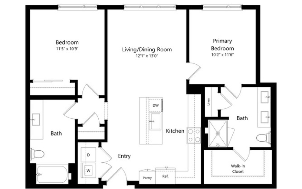 2A_B - 2 bedroom floorplan layout with 2 bathrooms and 1038 - 1045 square feet 2A_B - 2 bedroom floorplan layout with 2 bathrooms and 1038 - 1045 square feet