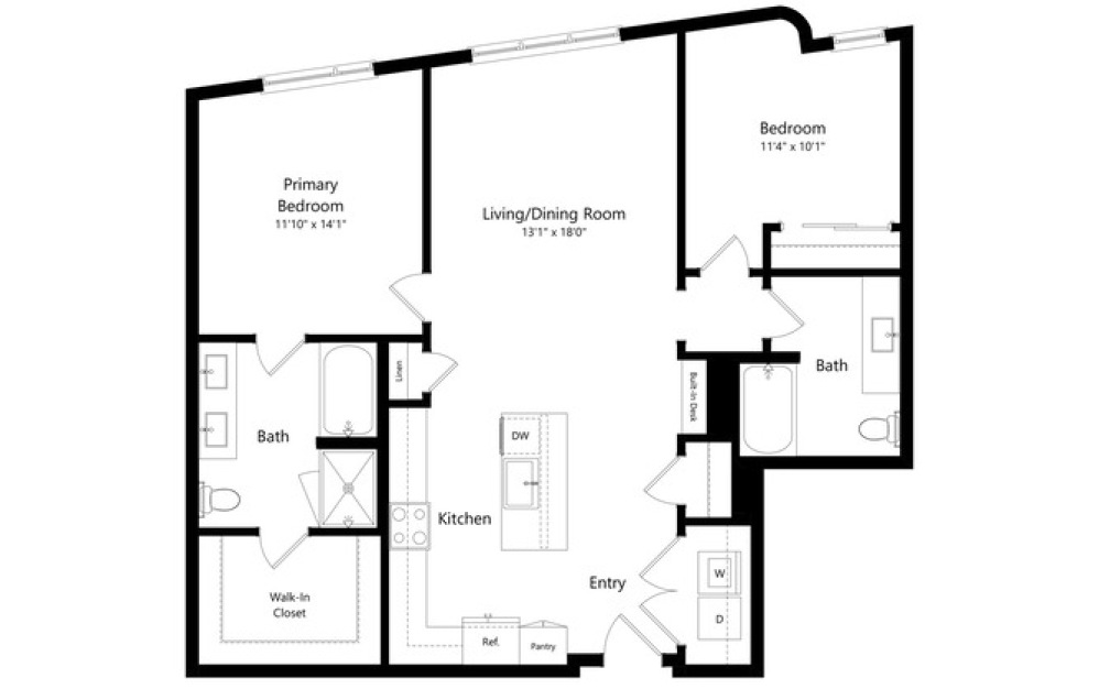 2CB - 2 bedroom floorplan layout with 2 bathrooms and 1211 square feet 2CB - 2 bedroom floorplan layout with 2 bathrooms and 1211 square feet