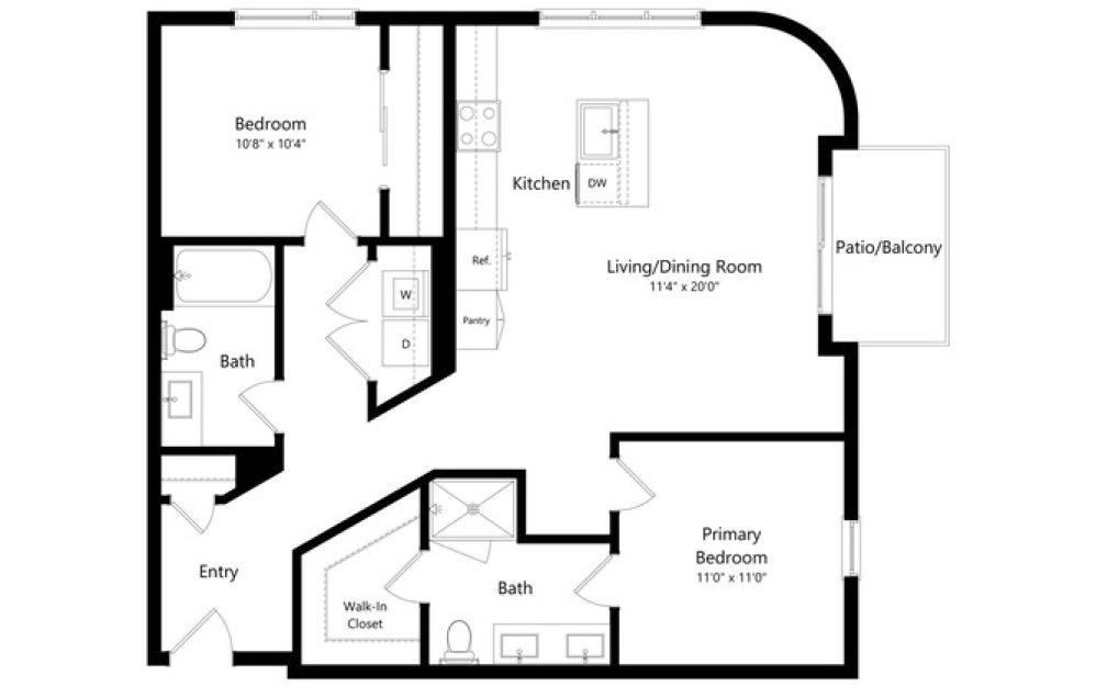 2E_B - 2 bedroom floorplan layout with 2 bathrooms and 1125 square feet 2E_B - 2 bedroom floorplan layout with 2 bathrooms and 1125 square feet