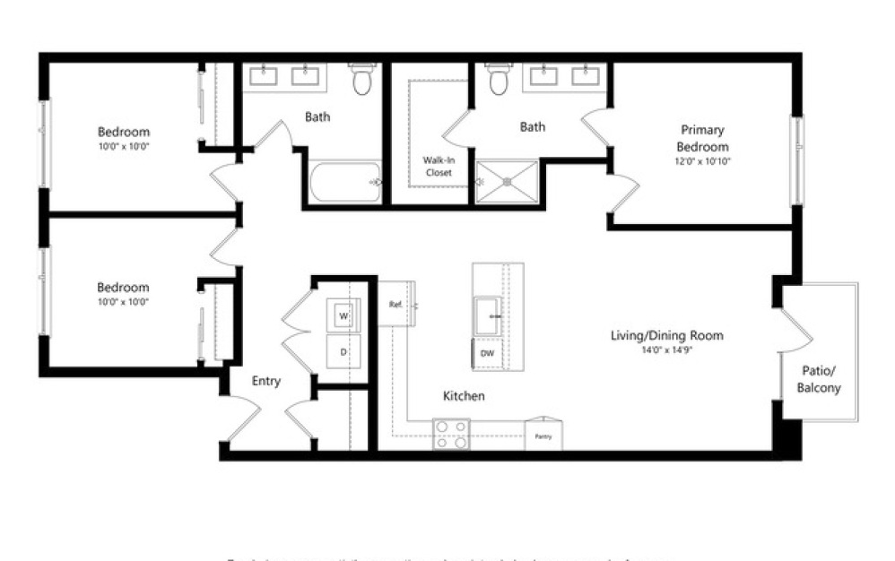 3B_B - 3 bedroom floorplan layout with 2 bathrooms and 1316 square feet 3B_B - 3 bedroom floorplan layout with 2 bathrooms and 1316 square feet